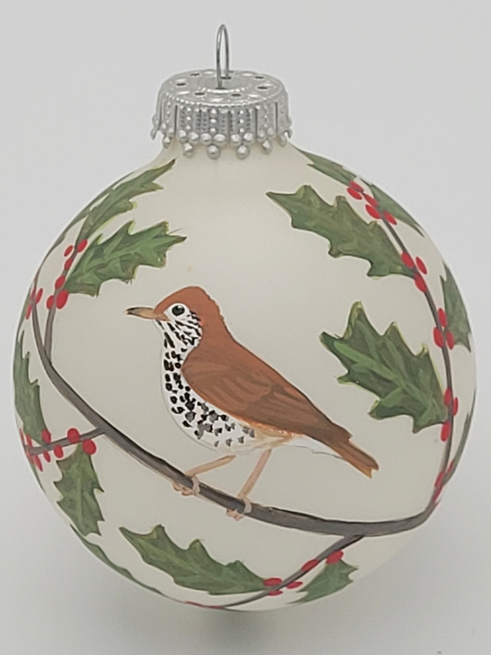 Hand-Painted Marcia Poling Wood Thrush Glass Ornament